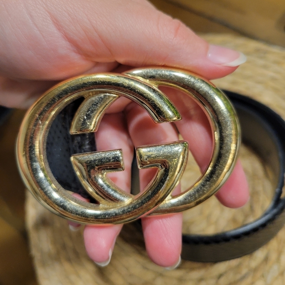 Vintage GUCCI Black Python Snake Leather Belt Gold Buckle GG Size 85 - Picture 2 of 12